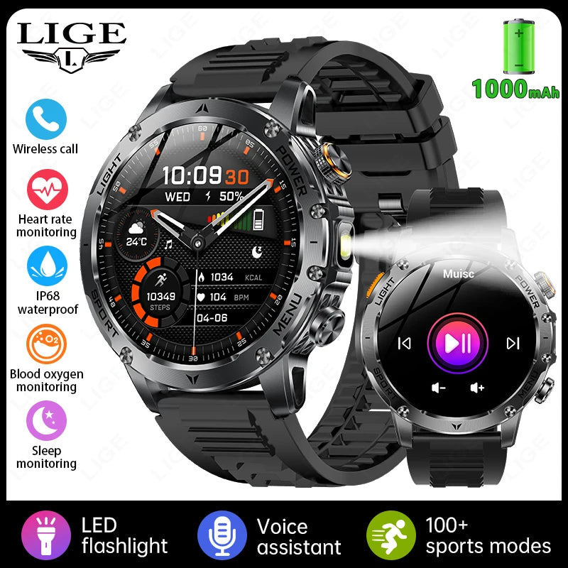 LIGE 2026 New Ultra Military Grade 1000mAh Battery Smart Watch For Men IP68 Waterproof Sports Fitness Bluetooth Call Smartwatch