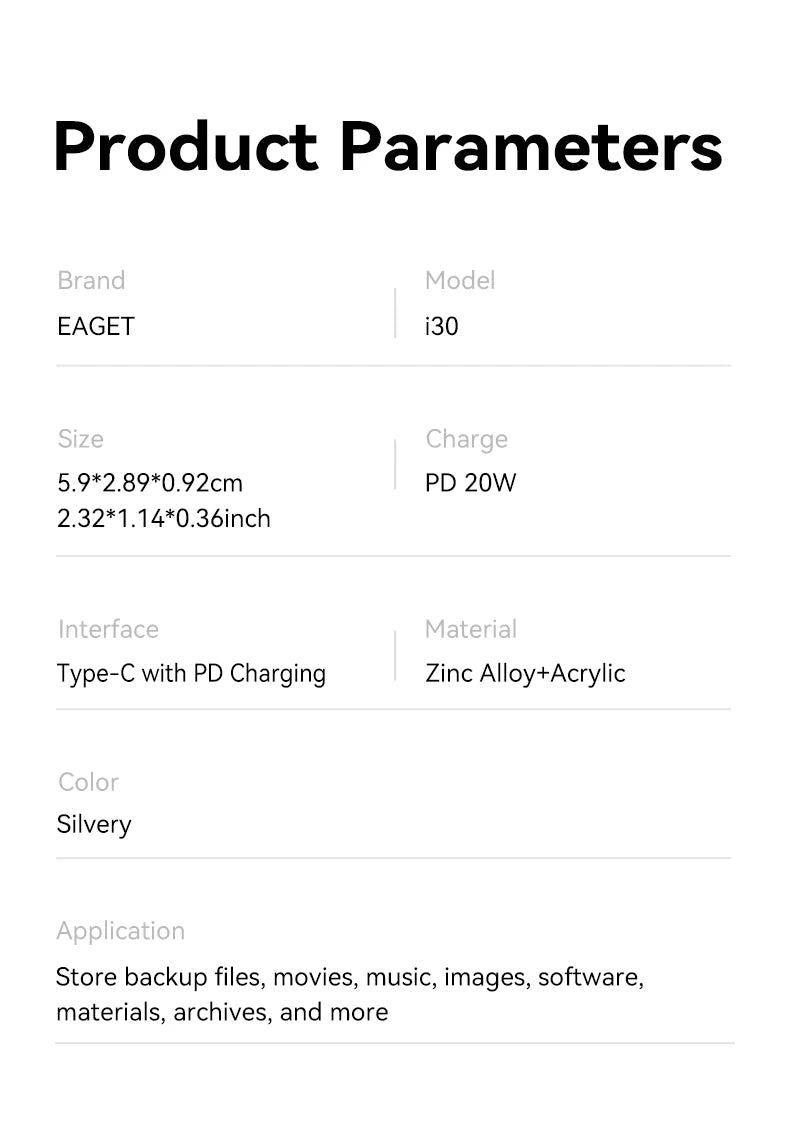 Dysk flash USB Eaget 64 GB/128 GB/256 GB/512 GB typu C — i30, z wyświetlaczami LCD i szybkim ładowaniem PD 20 W do telefonu i tabletu