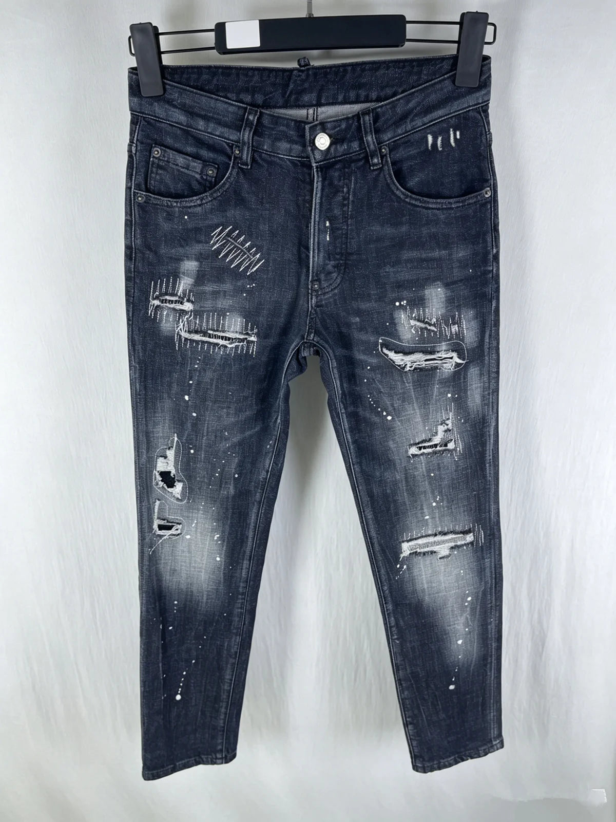 6060 Four Seasons New Men's Washed Ripped Patch Old Slim-fit Straight Black Jeans for Men