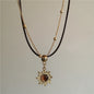 Vintage Leather Brown Stone Sun Pendant Beaded Choker Clavicle Chain Necklace For Women Unique Y2K Personalized Grunge Jewelry