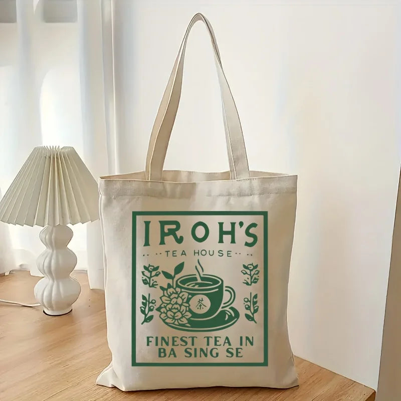 A Iluo Teahouse Pattern printed canvas tote bag, suitable for daily use, shopping, school, and travel