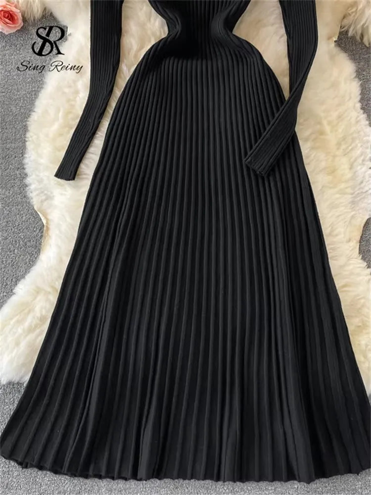 SINGREINY Women Pleated Knitted Dress Turtleneck Long Sleeve Elastic Slim Pencil Dress Autumn Winter Sexy Bodycon Sweater Dress