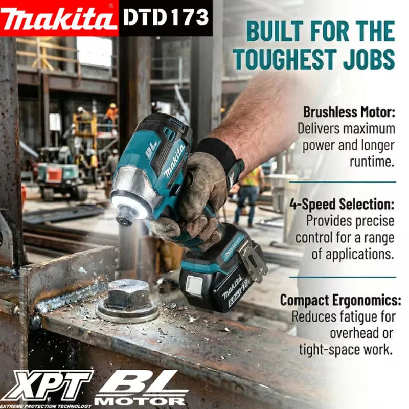 Makita DTD173 Cordless Brushless Impact Driver 1800RPM 180Nm Electric Drill for Wood Bolt T-Mode Compatible with Makita Battery