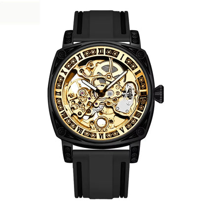 1pcs Men's gold dial silicone strap vintage fashion skeleton gear luxury details Mechanical Watch for daily business party holid
