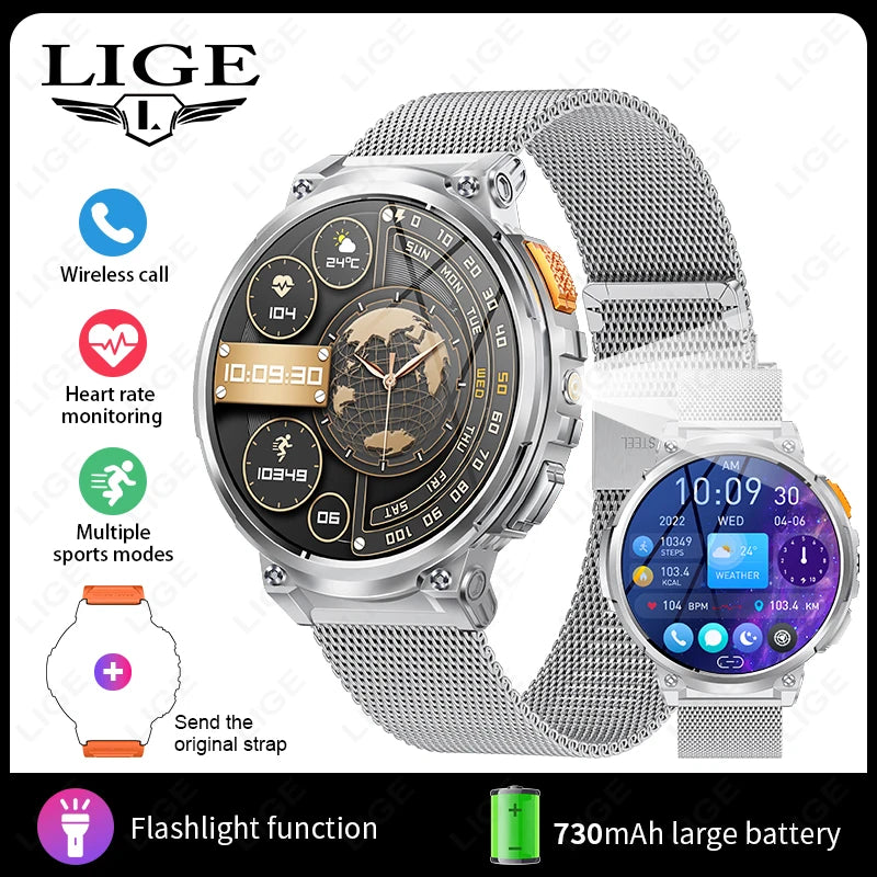 LIGE 1.85-inch AMOLED Smart Watch Men with LED Flashlight IP68 Waterproof Smartwatch 730mAh Bluetooth Call Smartwatches For Men