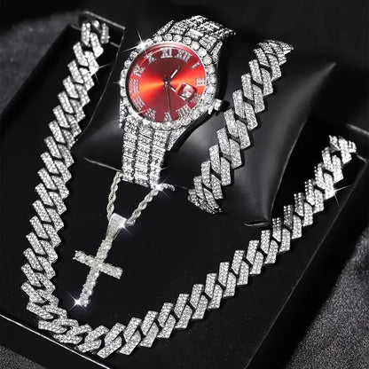 4PCS Luxury Rhinestone Men Quartz Watch Hip-pop Jewelry Set Fashion Roma Dial Calendar Quartz Wristwatch（Without Box）