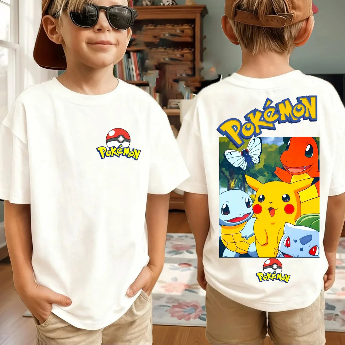Summer Pokémon AnimeT-shirts Boys Pure Cotton Short-sleeved Top Casual Suitable for Both Boys and Girls, Parent-child Outfits.