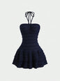 Ladies Solid Color High Elastic Fabric Backless Neckline Mini Skirt with Hem Ruffle Design Elegant Casual Style