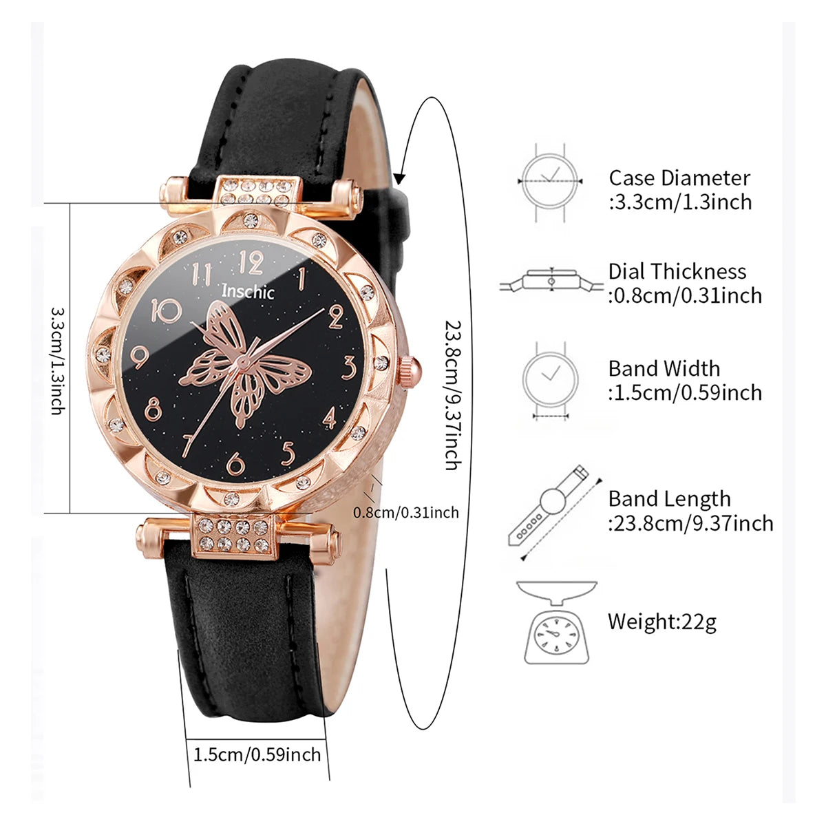 6PCS/Set Women's Watch Fashion Rhinestone Leather Band Quartz Watches Butterfly Jewelry Set(Without Box)