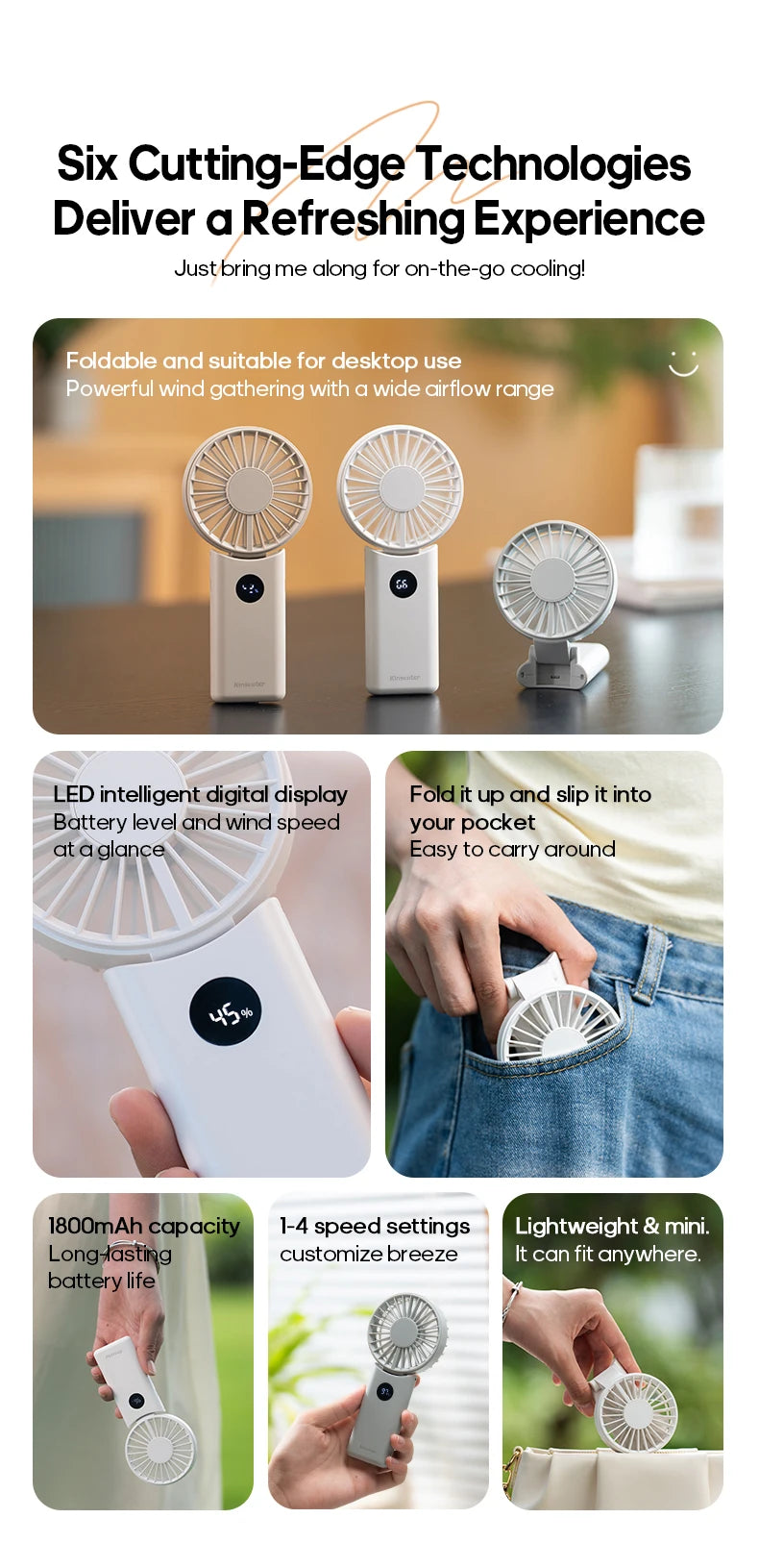 Portable Folding Handheld Fan 1800mAh Desktop Rechargeable Fan 4-speed Wind Angle Adjustable with LED Display for Outdoor Travel