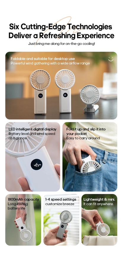 Portable Folding Handheld Fan 1800mAh Desktop Rechargeable Fan 4-speed Wind Angle Adjustable with LED Display for Outdoor Travel