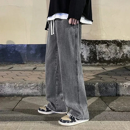 Boyfriend Style Vintage Solid Draped Denim Jeans, Loose Straight Korean High Street Y2K Hip Hop Floor-Length Wide Leg Pants