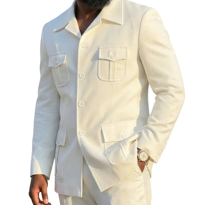 White Safari Men Suits with Structured Pocket Design Slim Fit 2 Pieces Man Fashion Blazer with Pants for Weekend Getaway Suit