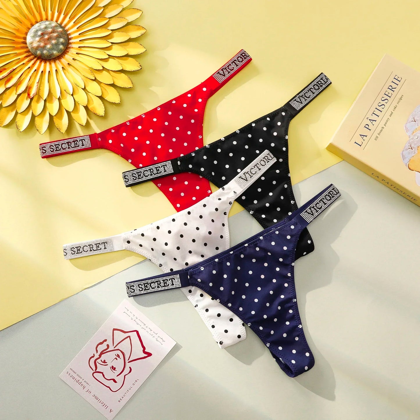 VS Underwear Thong Hipster Seamless Women Polka Dot Lace Bikini Cheeky Panties Set Victoria Secret Breathable Cotton Hipster
