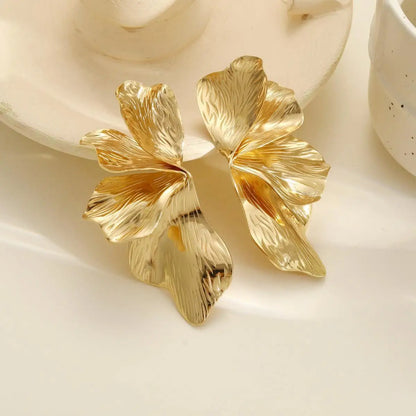 Stainless Steel Golden Double Layered Five Petal Flower Earring for Women Vintage Stripe Flower Dangle Earrings Jewelry Gifts
