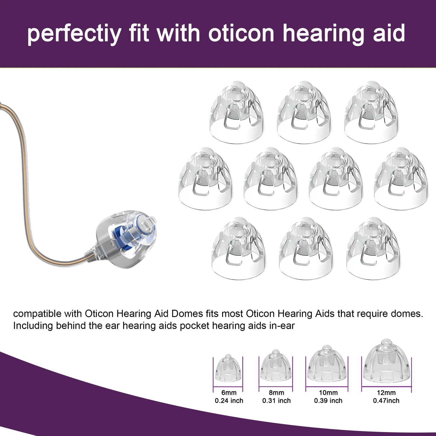 Hearing Aid Domes for Oticon Replacements,Minifit Open Bass Vent Domes(6mm/8mm/10mm/12mm),Universal Domes for Oticon Hearing Aid