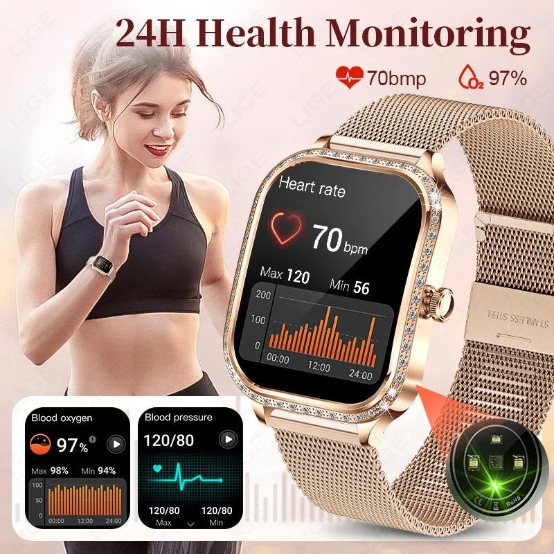 LIGE Fashion Design Women Smart Watch 1.75" Curved Screen Smartwatch Bluetooth Call Clock IP68 Waterproof Diamond Case Bracelet
