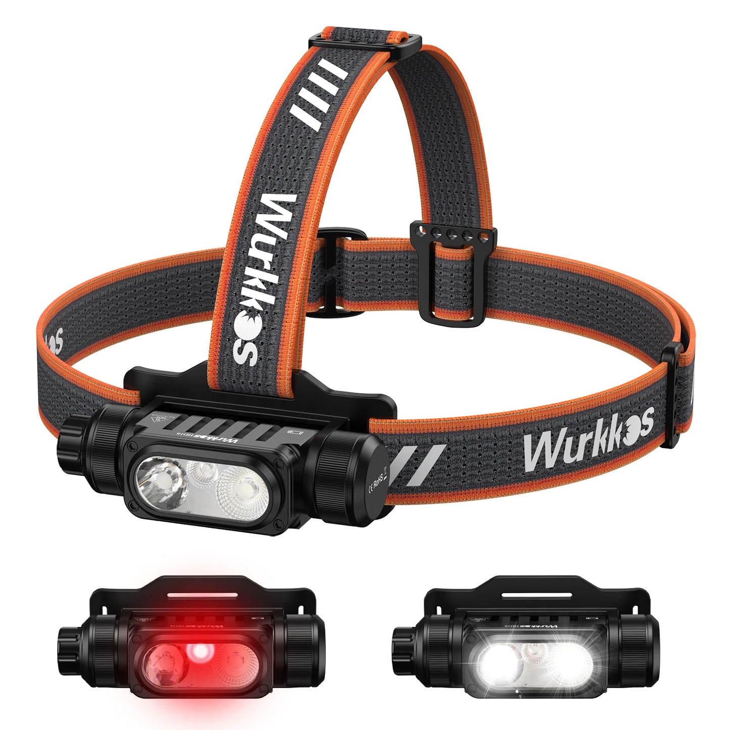 Wurkkos HD16 Headlamp 2500 lm featuring red and white light modes and a sensor powered by an 18650 battery with USB-C charging