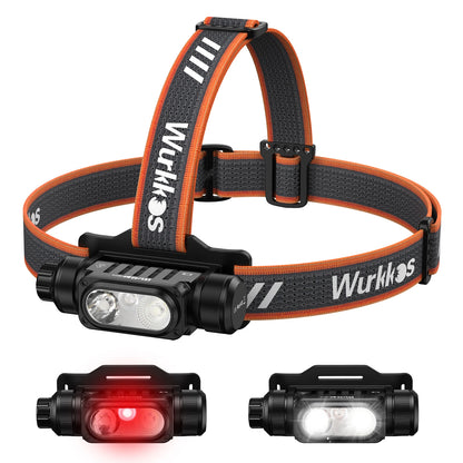 Wurkkos HD16 Headlamp 2500 lm featuring red and white light modes and a sensor powered by an 18650 battery with USB-C charging