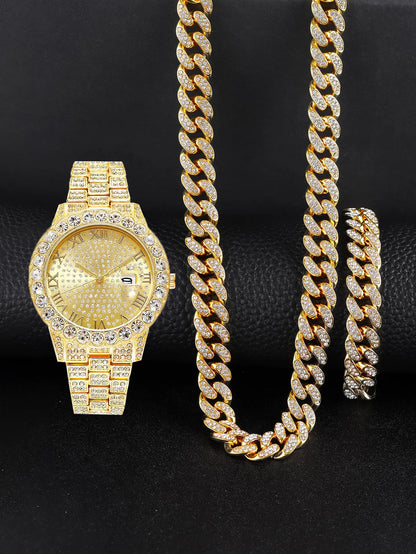 3PCS luxury alloy full diamond rhinestone mirror men's quartz watch with calendar and Hip Hop Cuban Necklace bracelet set