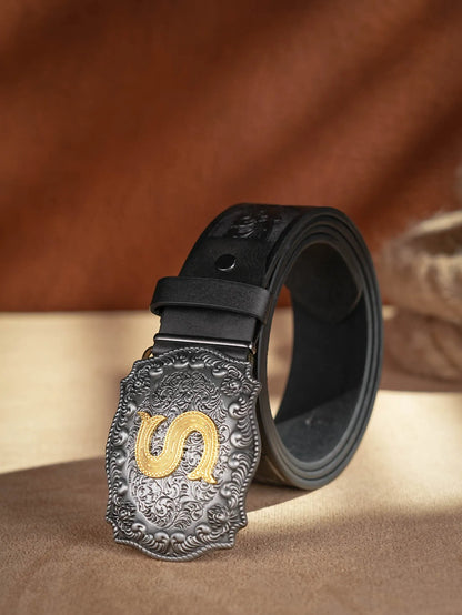 Western Cowboy PU Leather Belt - Men Waist Strap Bull Decoration Floral Engraved for Jeans