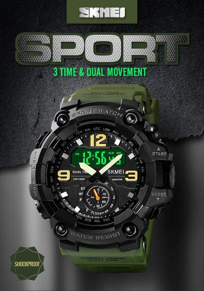 Skmei Dual Movement 3 Time Sport Wristwatch Mens Waterproof Electronic Watches Montre Homme Shockproof Digital Men Watch 1637