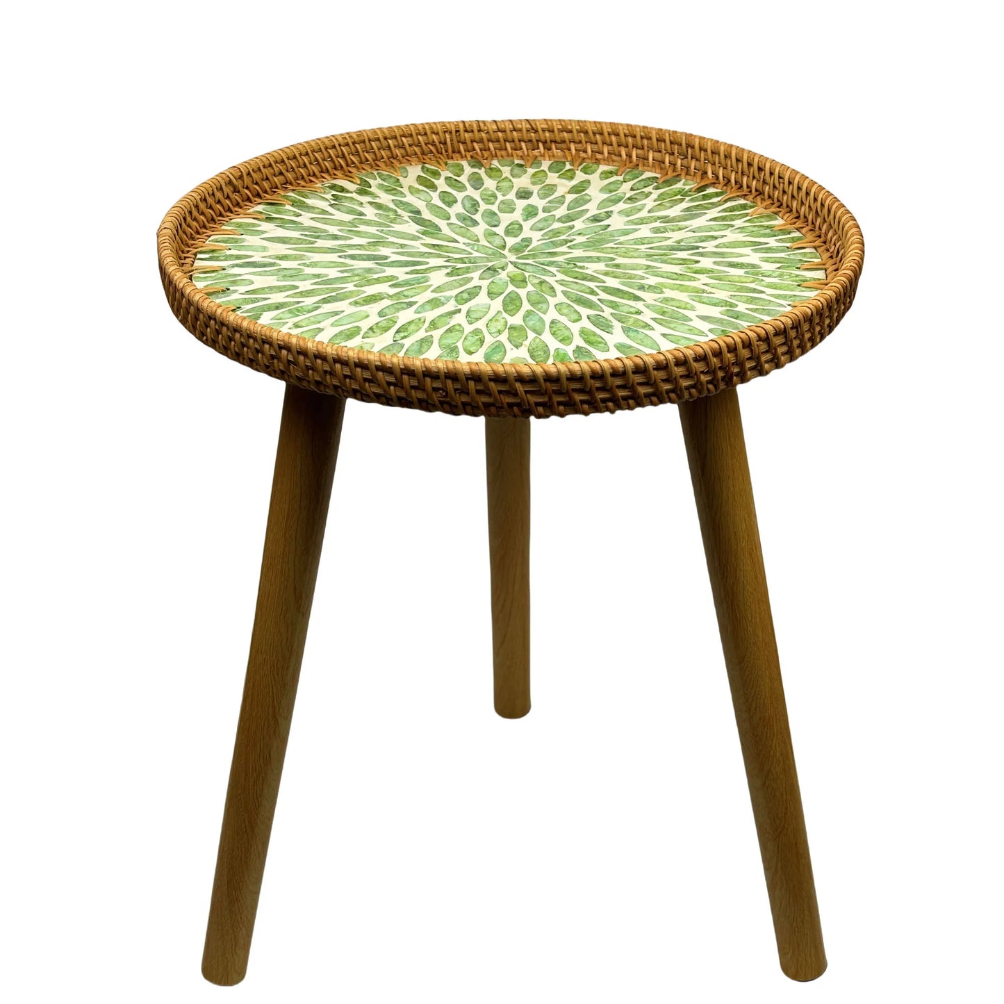 Rattan Round End Table, Boho Side Table for Living Room with Mother of Pearl Inlay, Small Coffee Table Wicker Bedsid Table