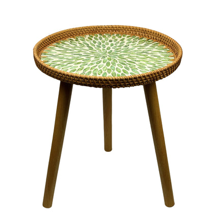 Rattan Round End Table, Boho Side Table for Living Room with Mother of Pearl Inlay, Small Coffee Table Wicker Bedsid Table