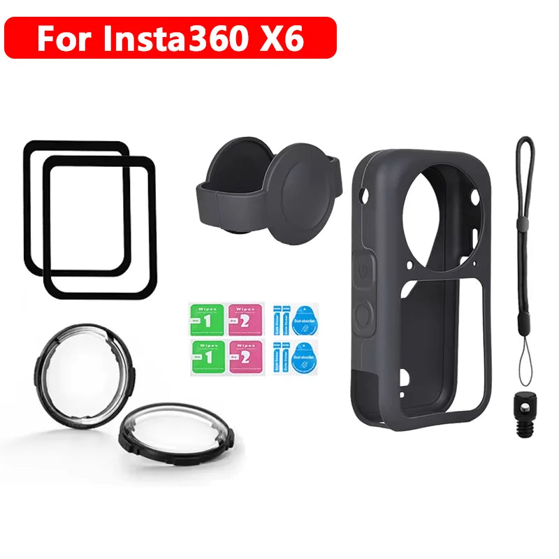 For Insta 360 X6 Camera Protective Accessory Kit Lens Guard/Silicone Protective Cover/Screen Protectors/Anti-loss Rope