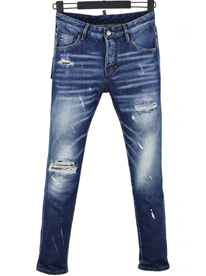 6060 Four Seasons New Men's Washed Ripped Patch Old Slim-fit Straight Black Jeans for Men
