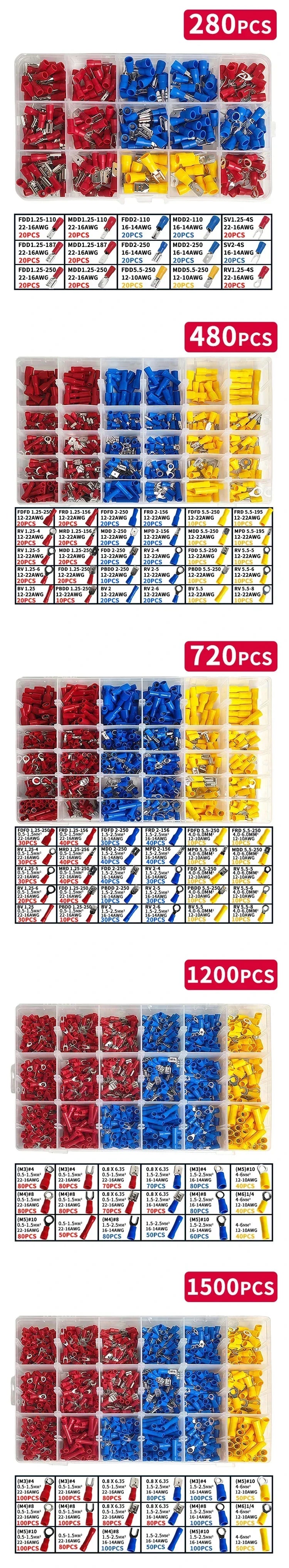 Assorted Electrical Crimp Terminal Kit 280/1500pcs - Cold Pressed Male Female Quick Connect Lugs for DIY & Repairs