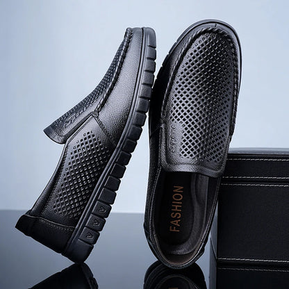 Men's Slip-On Loafers Summer Hollow Out Breathable Casual Shoes Comfortable Soft Sole Anti-Slip Leather Shoes-8822