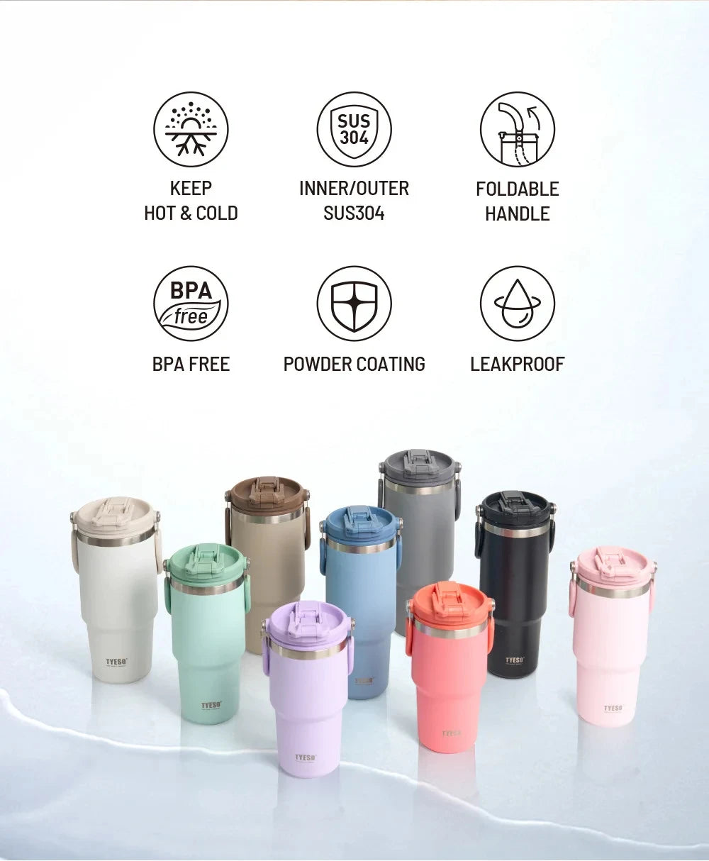 Tyeso 600ML Vacuum Flasks Handle Coffee Mug 304 Stainless Steel Ice Cup Car Bottle Hot Cold Retention Drinkware for Outdoor