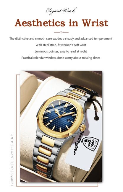 POEDAGAR Fashion Square Watches For Woman Waterproof Luminous Date Ladies Watch Stainless Steel Luxury Quartz Women's Wristwatch