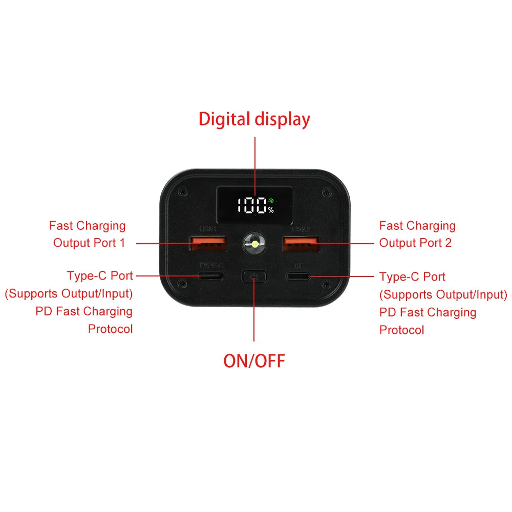 6/12 Slots 22.5W Power Bank Case Fast Charging LED Screen Battery Storage Box Transparent Mobile Power Bank Kit Type-C+USB Port