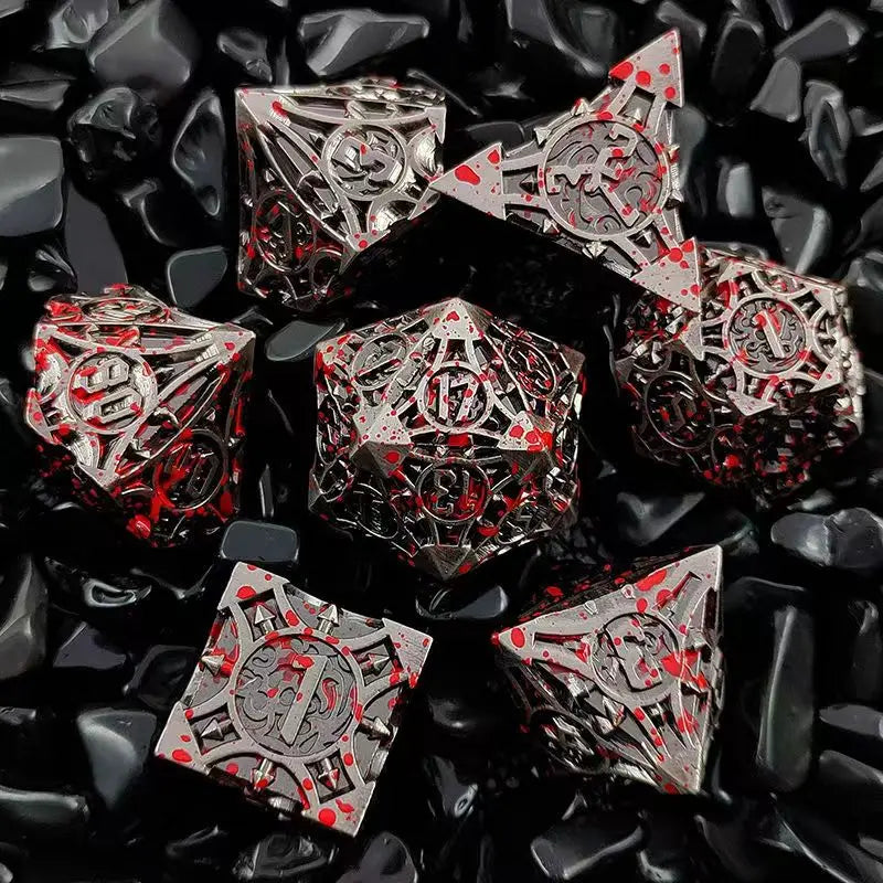 7 Pcs Cosplay D4-D20 DND Brass Gold Polyhedral Sharp Edge Casino Dice Rpg Table Board Game Tray Gem Stone Dragon Metal Steel Set
