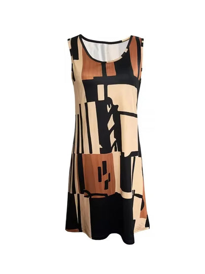 2025 New Fashion Women's Dress Casual Beach Round Neck Sleeveless Loose Dress Summer Women's Vest Striped Print Dress Sundress