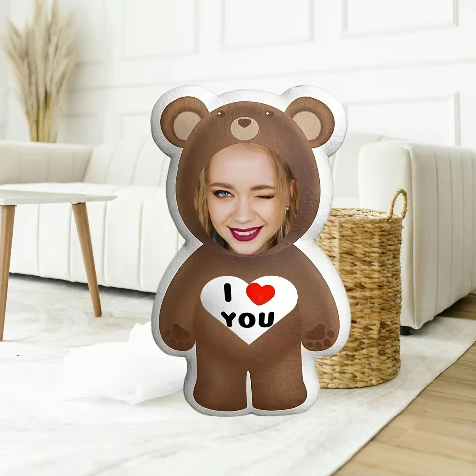Customized photo bear pillow personalized _I love you_ facial plush ideal gift for loved ones. Soft and comfortable short plush