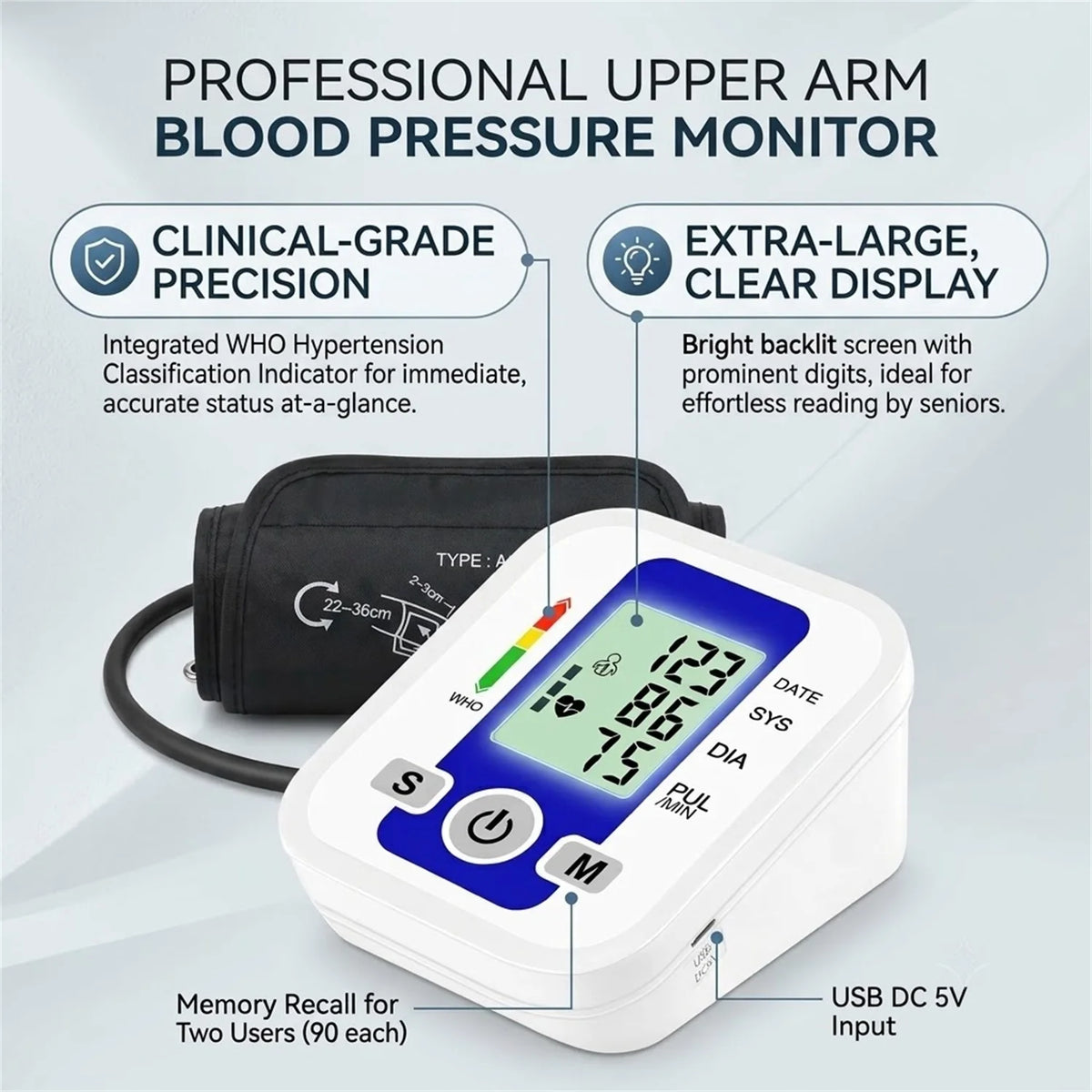 Automatic Arm Blood Pressure Monitor LCD Pressure Sensor Monitor BP Automatic Tonometer Digital Tensiometer LED Display Cuff