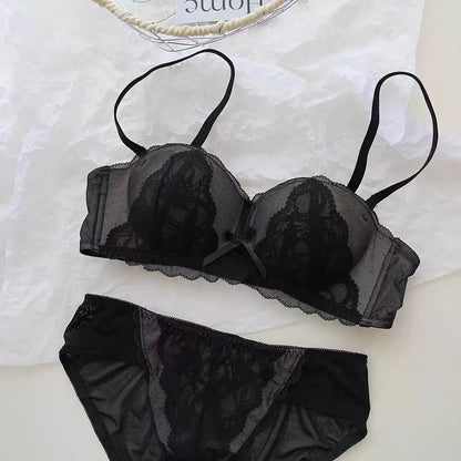 YEMOMO French Style Lace Half Cup Bra Set Wireless Push Up Boost Bust Lift Anti Sagging Elegant Comfortable Lingerie Set Ladies