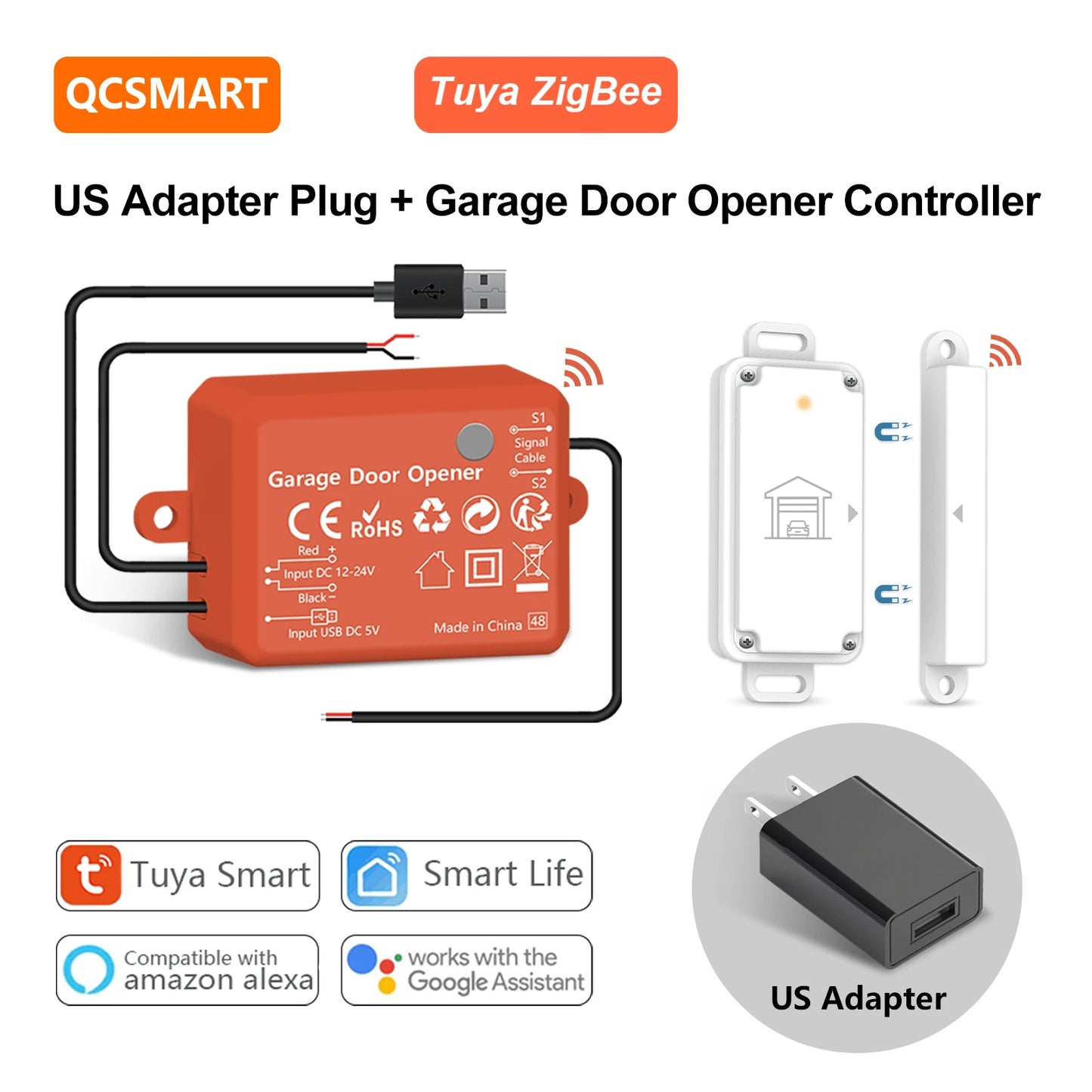 QCSMART ZigBee Garage Door Wireless Waterproof Sensor Opener Controller Control Smart Life Works with Google Assistant Alexa