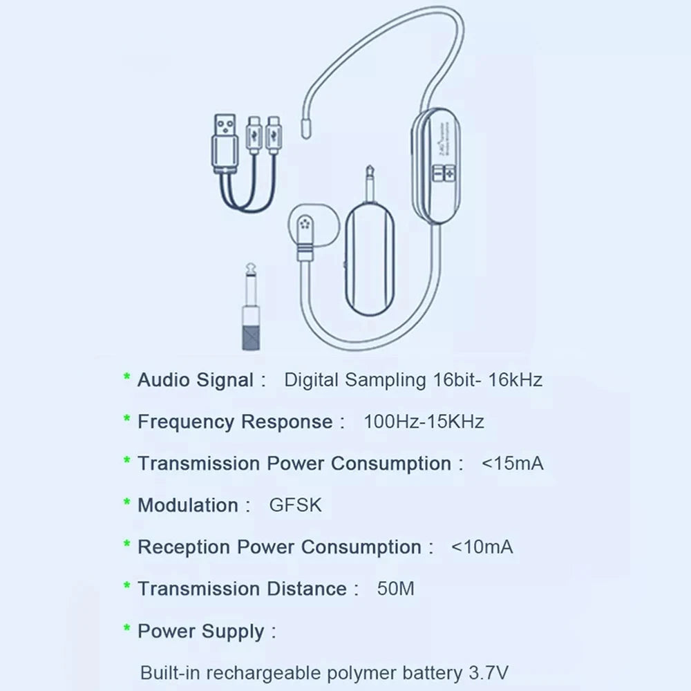 Wireless Headset Microphone Kit 2.4G with Transmitter And Receiver for Voice Amplifier Speaker Suitable for Teaching Stage Guide