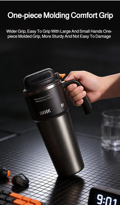 1L 304 Stainless Steel Vacuum Insulated Water Bottle One Touch Flip Lid Thermos Mug with Straw Handle for Car Travel Home Daily