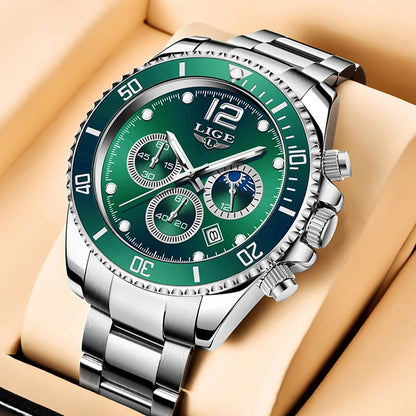 LIGE Outdoor Sport Watch For Men Fashion Military Waterproof Luminous Men Watch Round Stainless Steel Quartz Chronograph Male