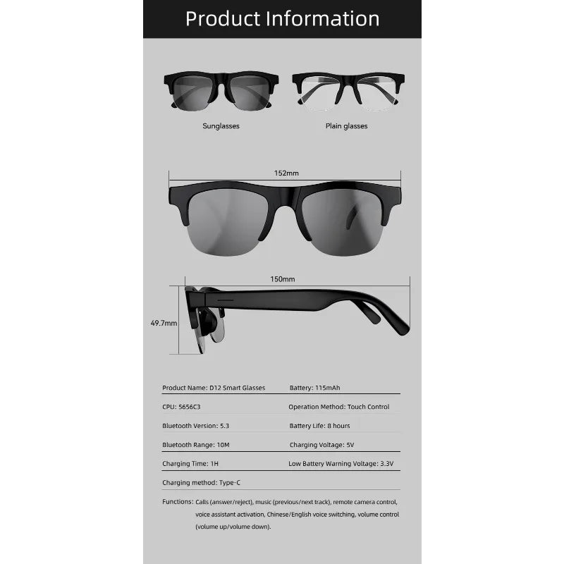 Smart AI Bluetooth Sunglasses Glasses Call Outdoor Sports Headphones HIFI Black Technology Anti-touch UV for Men and Women New