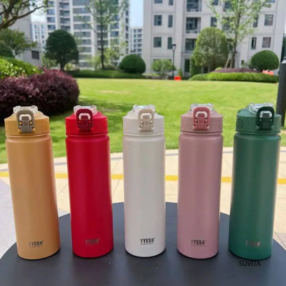 TYESO 600ML/750ML Thermos Water Bottle With Straw Stainless Steel Car Thermal Sports Cup Keeps Cold and Heat Thermal Travel Mug
