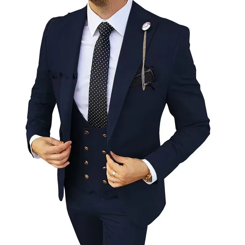 Solid Men's 3 Piece Suit Slim Fit Men Tuxedo Suit Party Wedding Prom Business One Button Peak Lapel Blazer Jacket Vest Pants Set