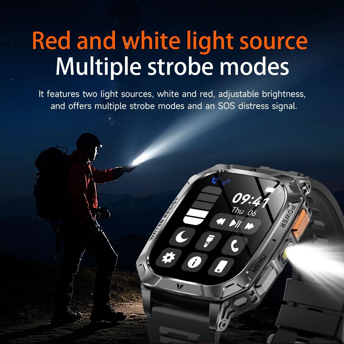 LIGE Military 1400mAh Smart Watch For Men 2.01" HD Screen Waterproof 100+Sports Mode LED Flashlight Smartwatch For Android iOS
