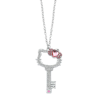 Kitty Cat Necklace Anime Pink Peach Heart Crystal Cat Key Pendant Jewelry Gift for Fans