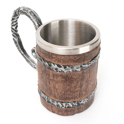 Wooden Barrel Beer Cup Stainless Steel Coffee Mug Viking Style Vintage Beer Mug Double Wall Drinking Cup Halloween Bar Drinkware